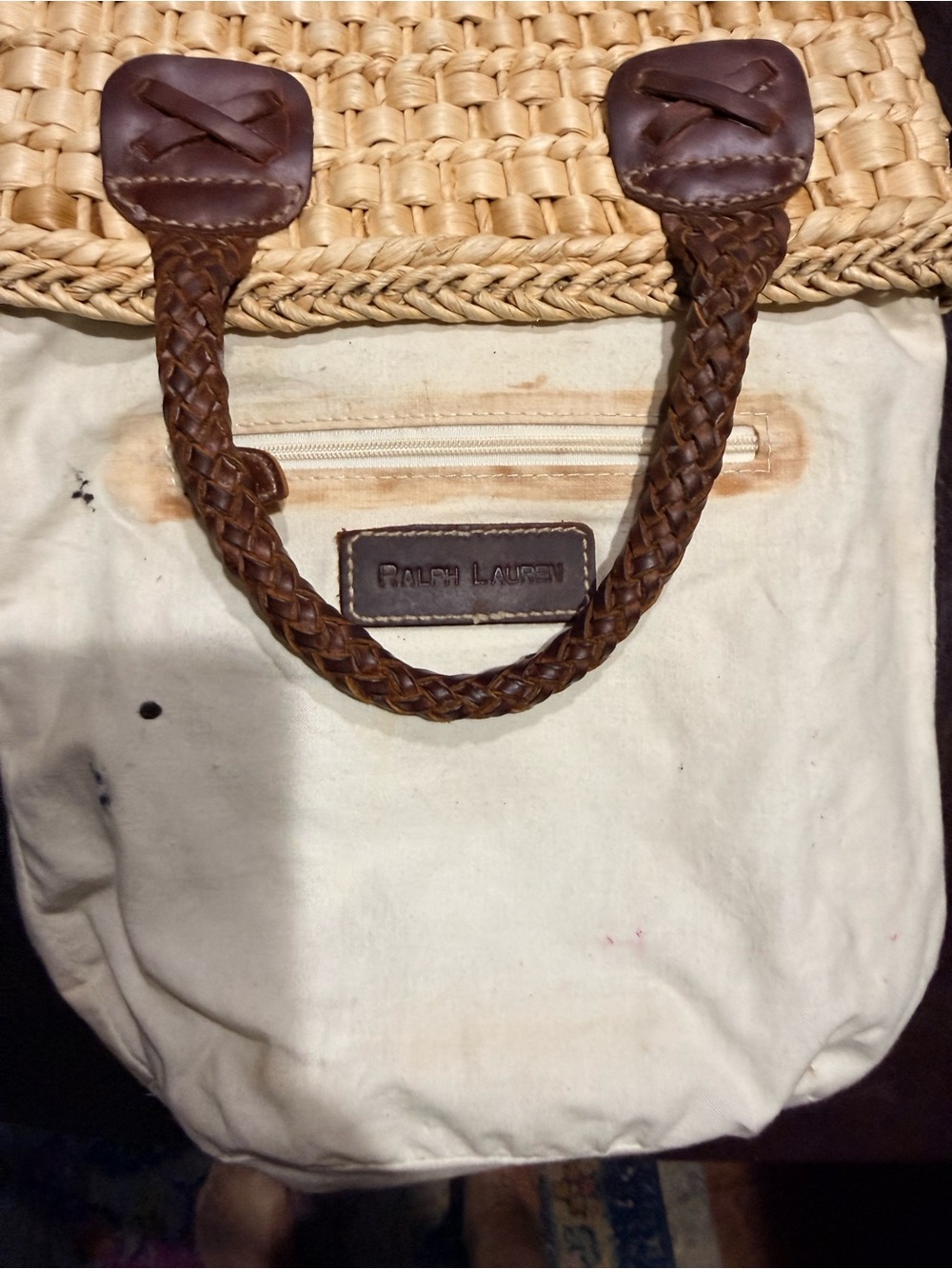 Vintage Ralph Lauren woven raffia tote with braided brown leather handles. - Picture 7 of 7